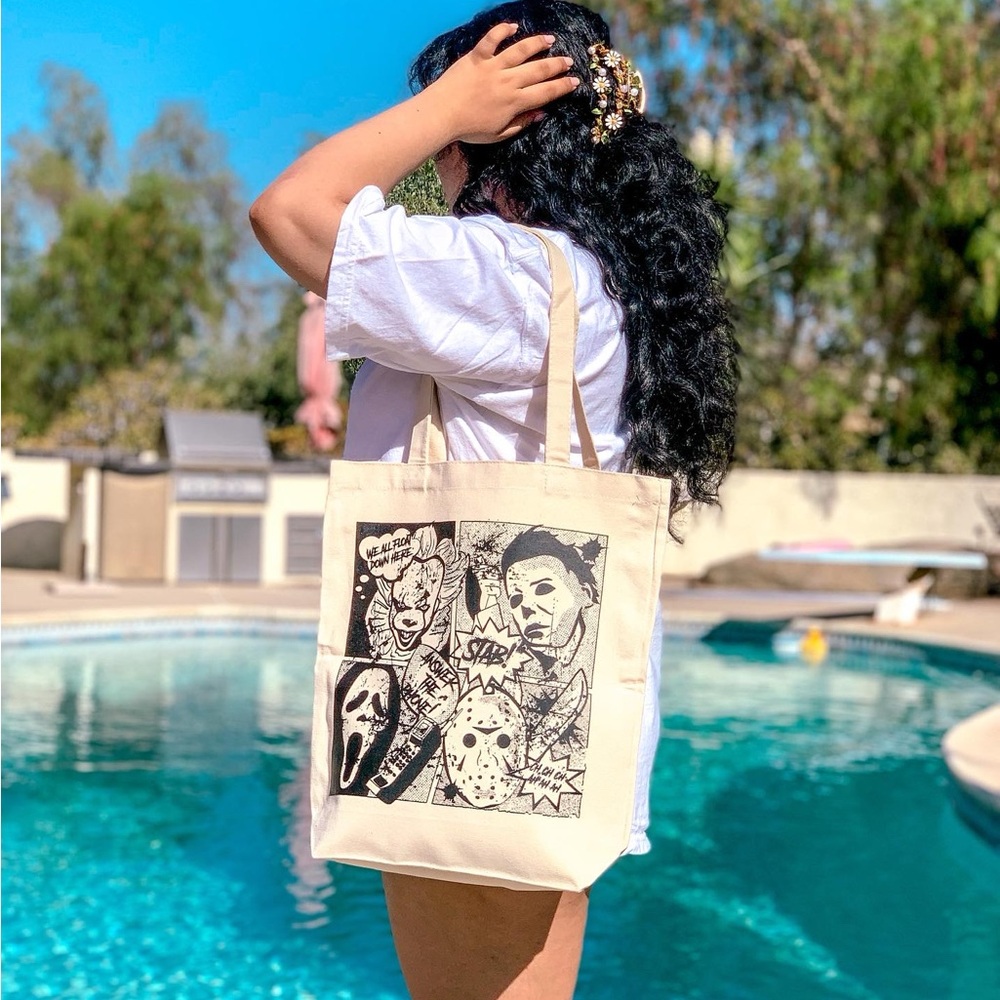 Horror Inspired Canvas Tote Bag - Cream beige ghost face Michael Myers Jason